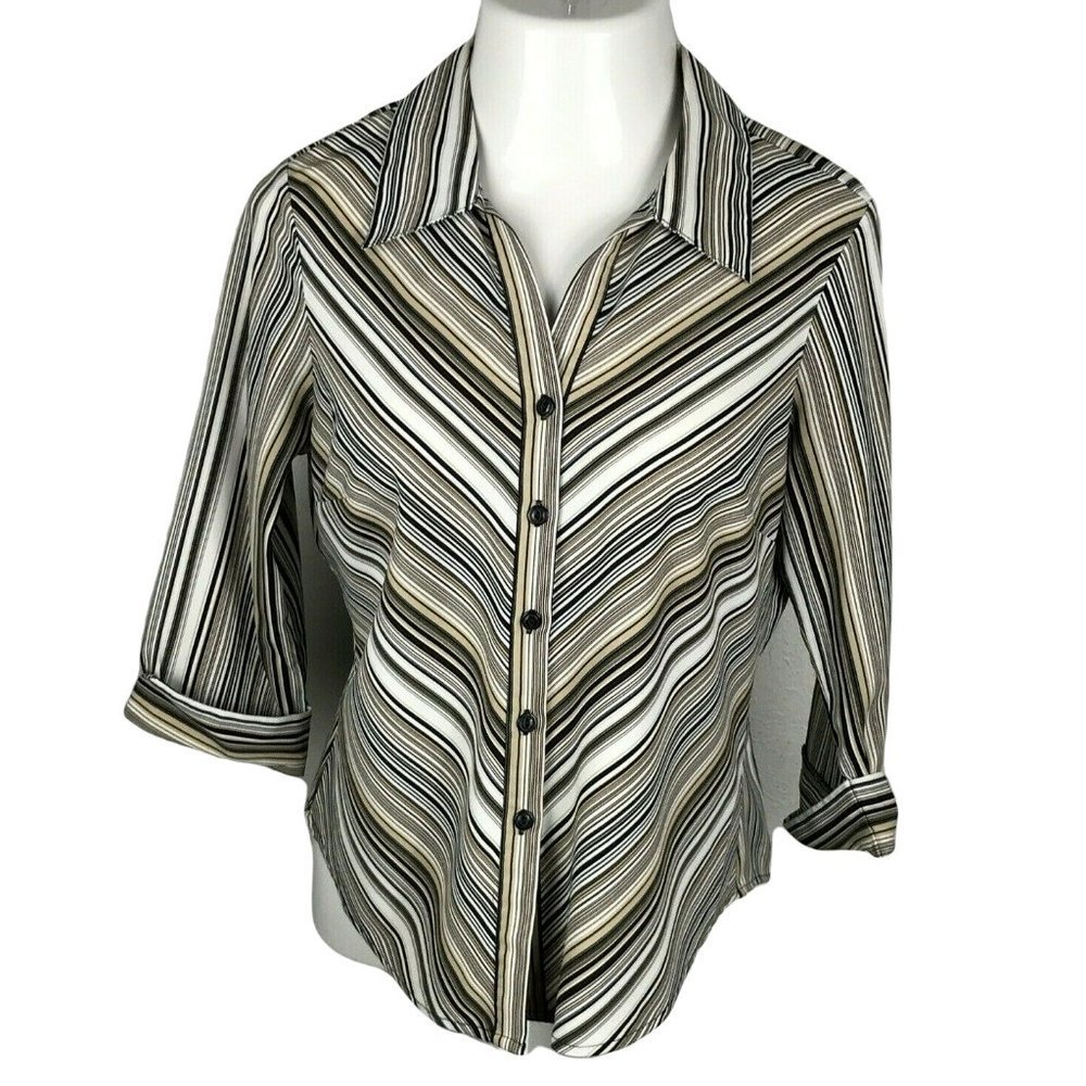 Blue Diamond Button Down Collared Shirt ~ Sz M ~ Beige & Brown  ~ 3/4 Sleeve